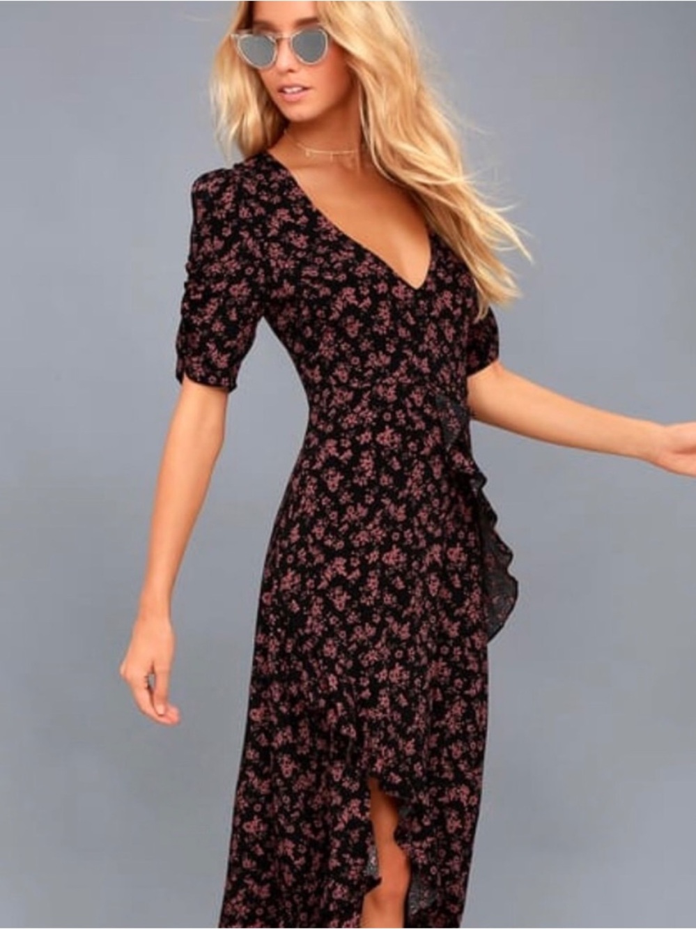 Honey Punch Black Midi Wrap Dress with Pink Floral Print